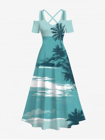 Plus Size Cold Shoulder Coconut Tree Sea Print Hawaii Crisscross A Line Maxi Dress - GREEN - 1X