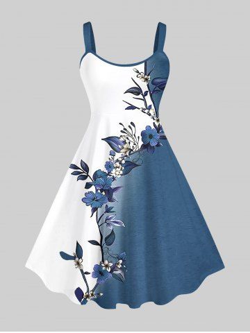 Plus Size Flowers Leaf Contrast Colorblock Print Hawaii Tank Dress - BLUE - XS