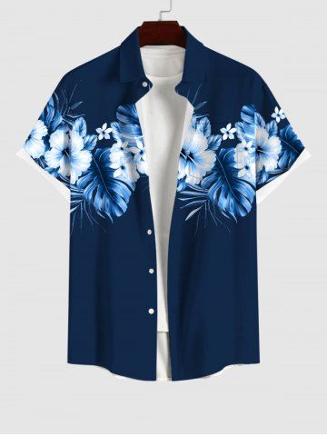 Plus Size Tropical Leaf Hibiscus Flowers Print Buttons Pocket Hawaii Shirt For Men - MIDNIGHT BLUE - 6XL