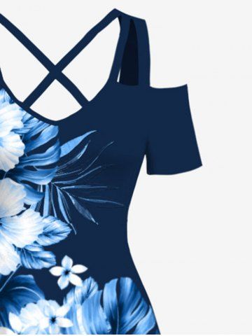 Plus Size Tropical Leaf Hibiscus Flowers Print Cold Shoulder Crisscross Hawaii Maxi Dress