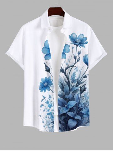Plus Size Flowers Leaf Print Buttons Pocket Hawaii Shirt For Men - WHITE - L