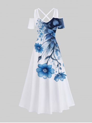 Robe longue hawaïenne à imprimé floral et feuilles grande taille, épaules dénudées et croisée - WHITE - 6X