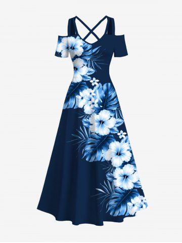 Maxi Robe D'Entraînement Croisée Fleur Feuille Tropicale Imprimée à Epaule Dénudée de Grande Taille - MIDNIGHT BLUE - M