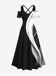 Plus Size Curved Line Colorblock Print Hawaii Crisscross A Line Maxi Dress -  