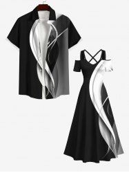 Curved Line Colorblock Print Plus Size Matching Hawaii Beach Outfit For Couples -  