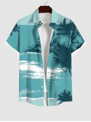 Plus Size Coconut Tree Sea Print Hawaii Button Pocket Shirt For Men -  