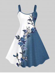 Plus Size Flowers Leaf Contrast Colorblock Print Hawaii Tank Dress -  