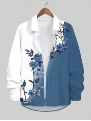 Plus Size Flowers Leaf Contrast Colorblock Print Buttons Long Sleeve Hawaii Shirt For Men -  