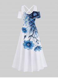 Robe longue hawaïenne à imprimé floral et feuilles grande taille, épaules dénudées et croisée - Blanc 2X