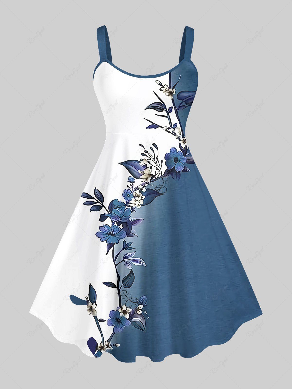 Online Plus Size Flowers Leaf Contrast Colorblock Print Hawaii Tank Dress  