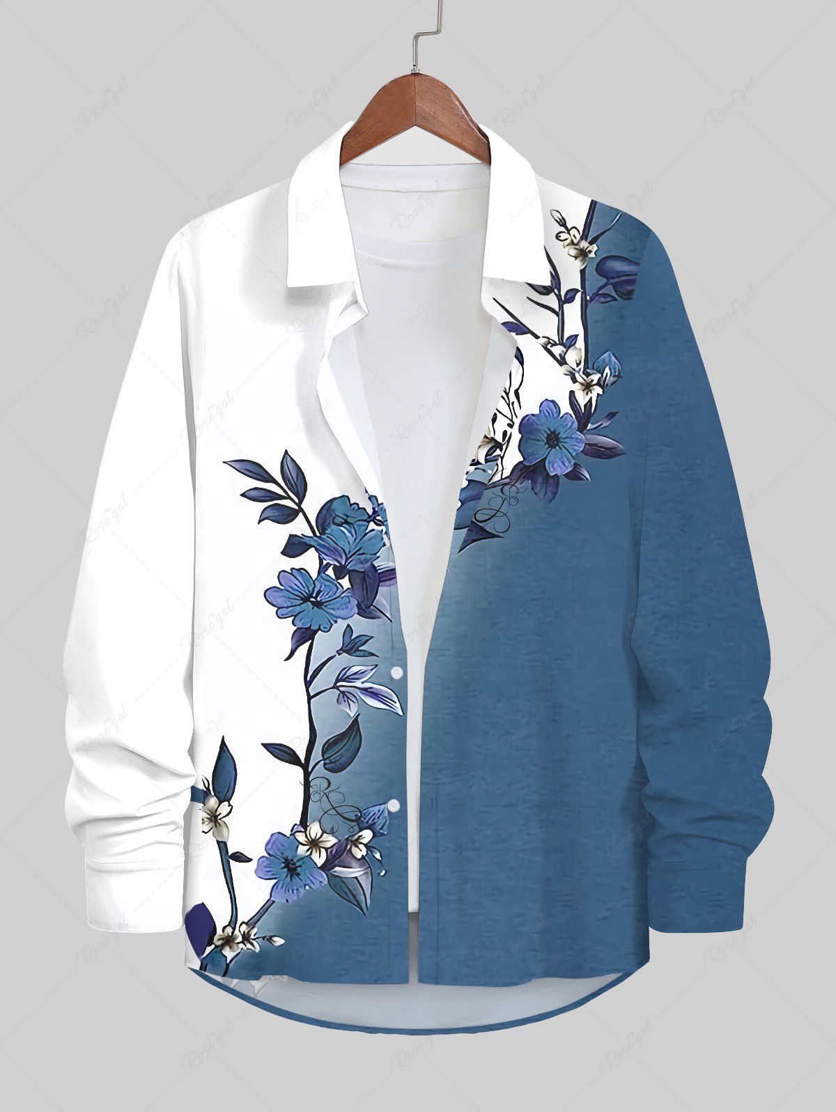 Outfit Plus Size Flowers Leaf Contrast Colorblock Print Buttons Long Sleeve Hawaii Shirt For Men  