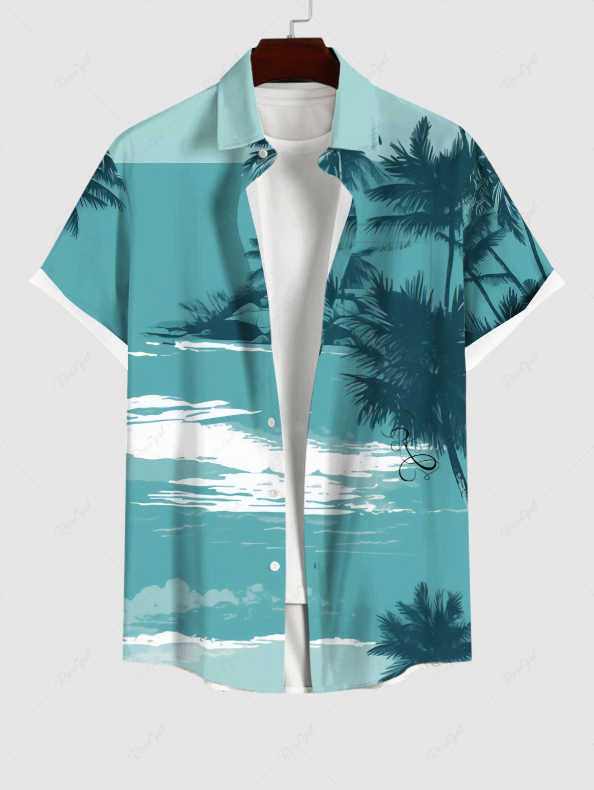 Store Plus Size Coconut Tree Sea Print Hawaii Button Pocket Shirt For Men  