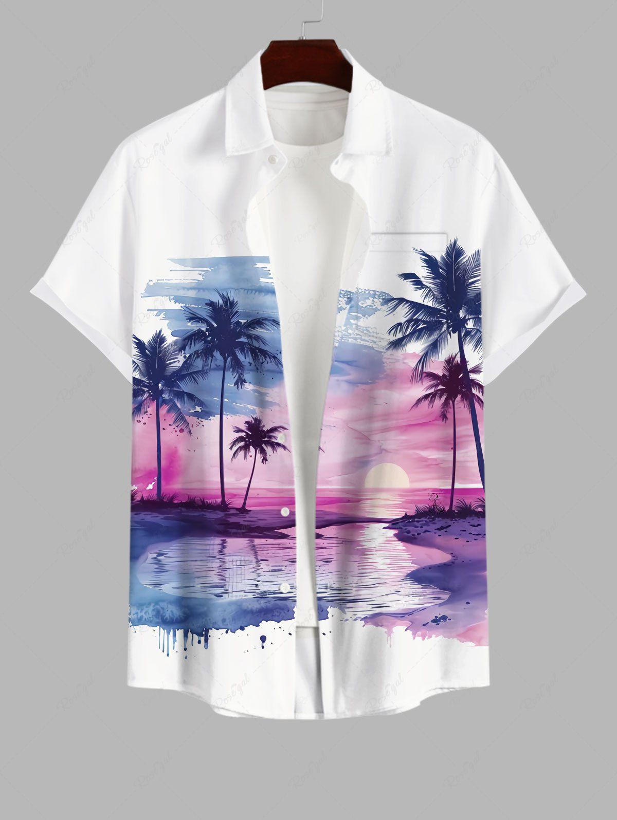 Chemise Hawaiienne Imprimé Cocotier à Lavis Grande Taille avec Poche pour Homme Blanc S