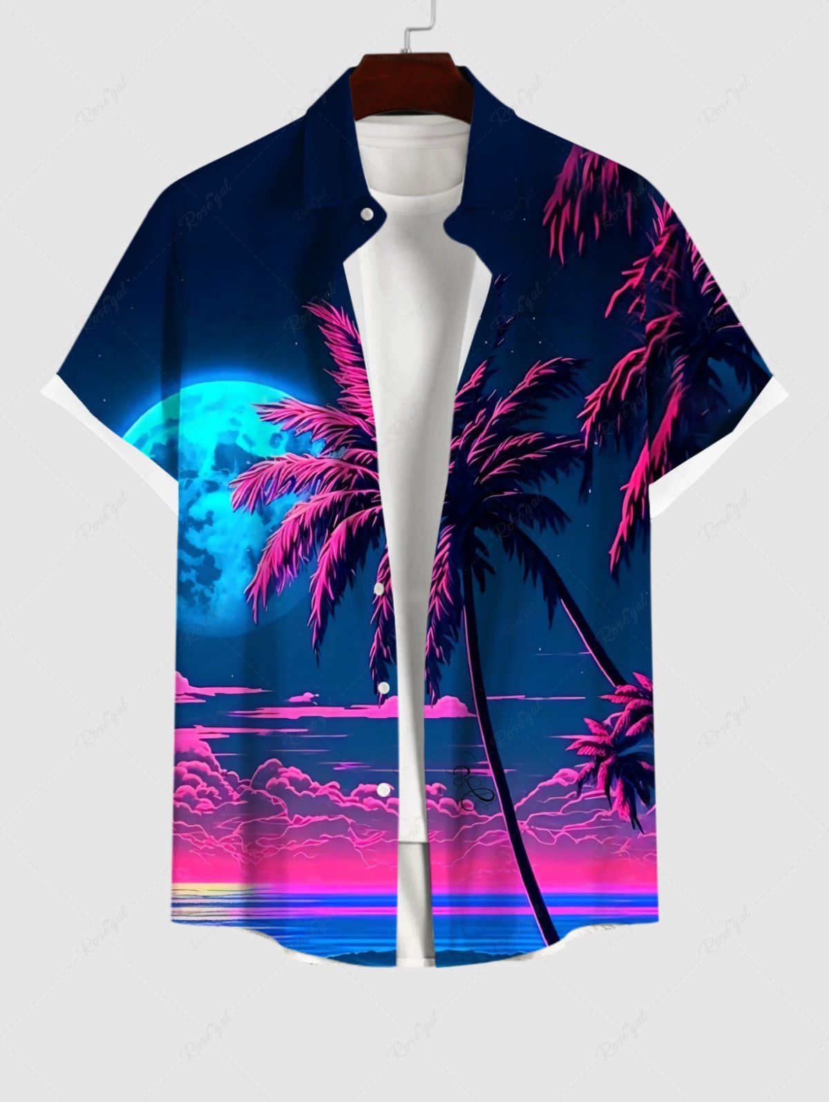 Chemise Décontractée Flamant Lune et Arbre Noix de Coco Imprimés avec Poche de Grande Taille pour Homme Noir 3XL