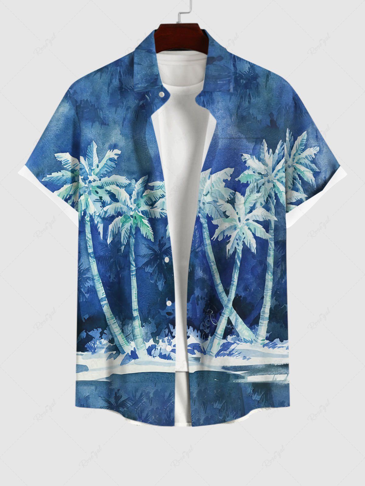 Chemise Imprimé Cocotier à Boutons Grande Taille avec Poche pour Homme Bleu profond S