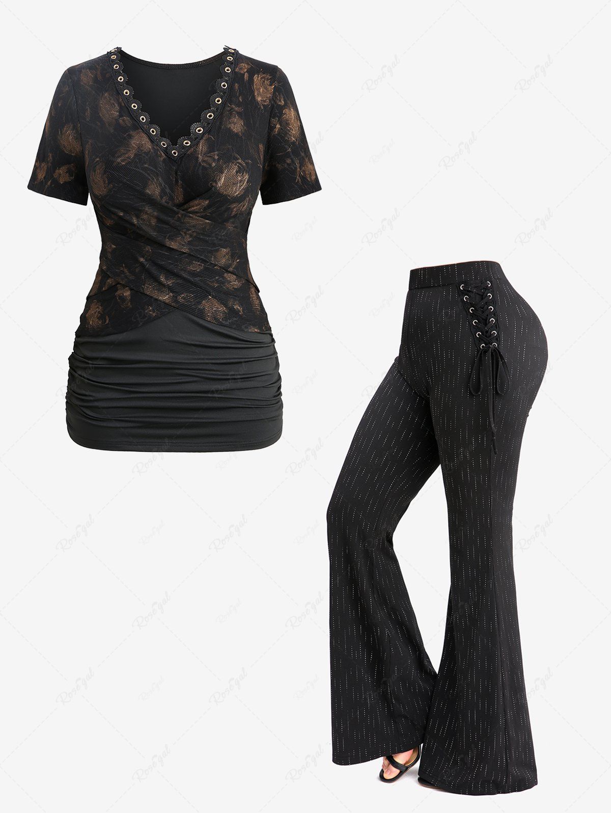 Cheap Tie Dye Flower Print Crossover Top and Glitter Line Insert Ribbed Lace Up Flare Pants Plus Size Outfit  