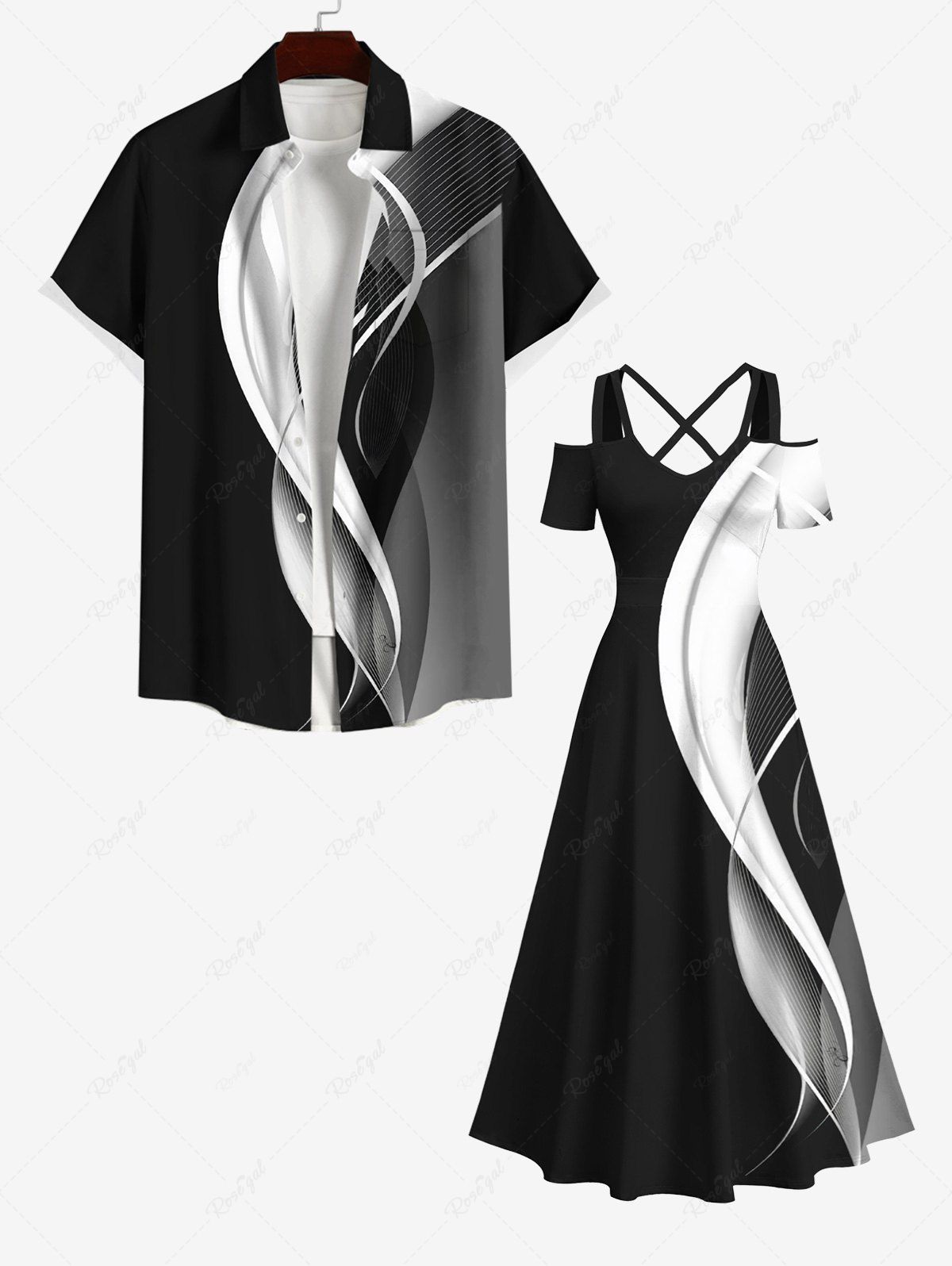 New Curved Line Colorblock Print Plus Size Matching Hawaii Beach Outfit For Couples  