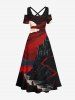 Plus Size Cold Shoulder Castle Cloud Moon River Print Crisscross A Line Maxi Dress -  