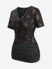 Tie Dye Flower Print Crossover Top and Glitter Line Insert Ribbed Lace Up Flare Pants Plus Size Outfit -  