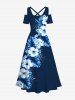 Maxi Robe D'Entraînement Croisée Fleur Feuille Tropicale Imprimée à Epaule Dénudée de Grande Taille - Bleu de Minuit XXS