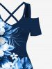 Maxi Robe D'Entraînement Croisée Fleur Feuille Tropicale Imprimée à Epaule Dénudée de Grande Taille - Bleu de Minuit XXS