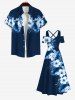 Maxi Robe D'Entraînement Croisée Fleur Feuille Tropicale Imprimée à Epaule Dénudée de Grande Taille - Bleu de Minuit XXS