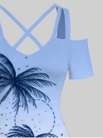 Plus Size Ombre Colorblock Tropical Leaf Flower Sun Print Cold Shoulder Crisscross Hawaii Maxi Dress