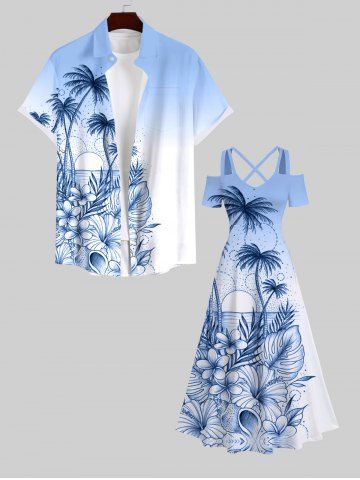 Plus Size Ombre Colorblock Tropical Leaf Flower Sun Print Cold Shoulder Crisscross Hawaii Maxi Dress