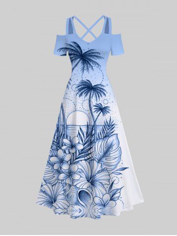 Plus Size Ombre Colorblock Tropical Leaf Flower Sun Print Cold Shoulder Crisscross Hawaii Maxi Dress - MULTI-A - 6X