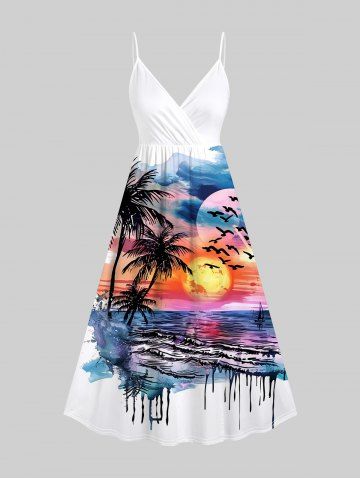 Plus Size Watercolor Sea Coconut Tree Sun Cloud Bird Print Surplice Hawaii Cami Dress - MULTI-A - M