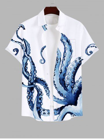 Plus Size Octopus Print Buttons Pocket Hawaii Shirt For Men
