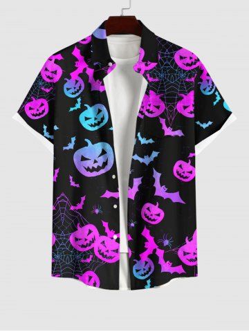 Plus Size Pumpkin Bat Spider Web Print Buttons Pocket Halloween Shirt For Men