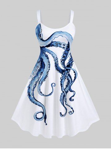 Plus Size Octopus Print Hawaii Tank Dress - WHITE - 4X