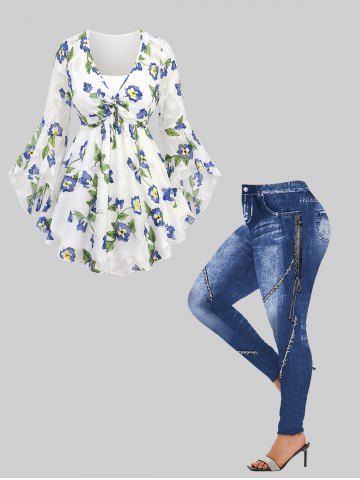 Floral Leaf Graphic Embossed Textured Twist Blouse and 3D Denim Lace Up Topstitching Print Leggings Plus Size Outfit - WHITE