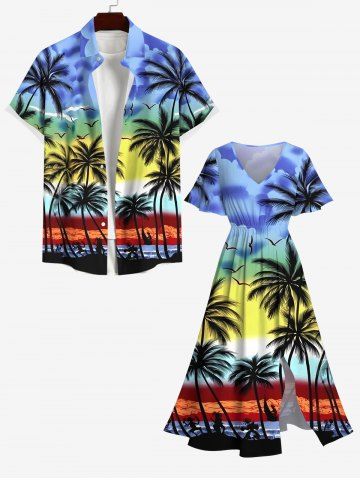 Colorful Ombre Sky Striped Coconut Tree Sea Print Plus Size Matching Hawaii Beach Outfit For Couples - MULTI-A