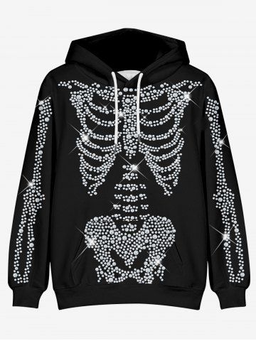 Plus Size 3D Glitter Sparkling Rhinestone Skeleton Print Kangaroo Pocket Drawstring Halloween Hoodie For Men - BLACK - M