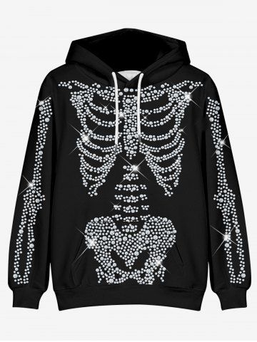 Plus Size 3D Glitter Sparkling Rhinestone Skeleton Print Kangaroo Pocket Drawstring Halloween Hoodie For Men - BLACK - XL