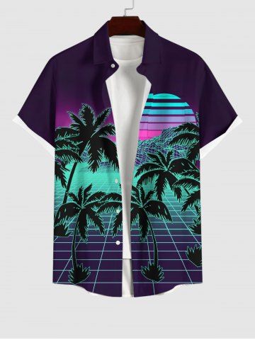 Plus Size Coconut Tree Striped Sun Mountain Synthwave Cyberpunk Neon Grid Print Hawaii Ombre Button Pocket Shirt For Men - BLACK - XL