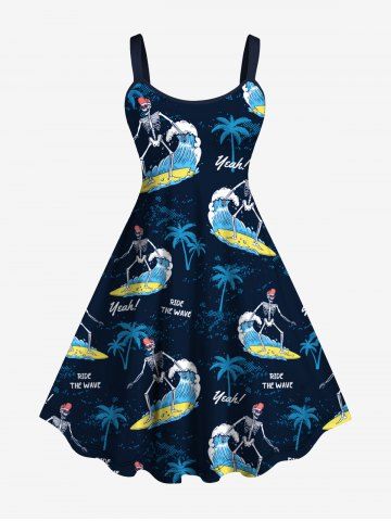 Plus Size Skeleton Surfer Coconut Tree Letters Print Hawaii A Line Tank Dress - BLACK - S