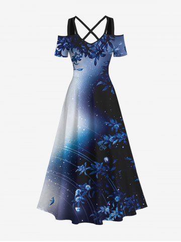 Plus Size Cold Shoulder Floral Leaves Ombre Galaxy Print Hawaii Crisscross A Line Maxi Dress - BLUE - XS