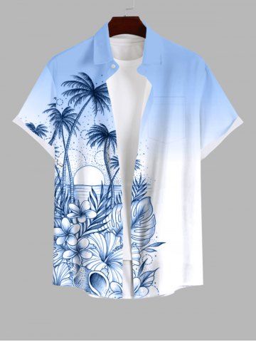 Plus Size Ombre Colorblock Tropical Leaf Flower Sun Print Buttons Pocket Hawaii Shirt For Men - WHITE - L