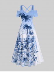 Plus Size Ombre Colorblock Tropical Leaf Flower Sun Print Cold Shoulder Crisscross Hawaii Maxi Dress -  