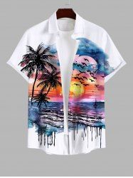 Plus Size Watercolor Sea Coconut Tree Sun Cloud Bird Print Buttons Pocket Hawaii Shirt For Men -  