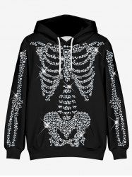 Plus Size 3D Glitter Sparkling Rhinestone Skeleton Print Kangaroo Pocket Drawstring Halloween Hoodie For Men -  