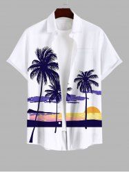 Plus Size Coconut Tree Sky Cloud Sun Print Hawaii Button Pocket Shirt For Men -  
