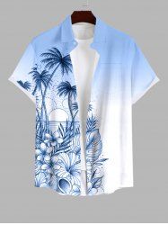 Plus Size Ombre Colorblock Tropical Leaf Flower Sun Print Buttons Pocket Hawaii Shirt For Men -  