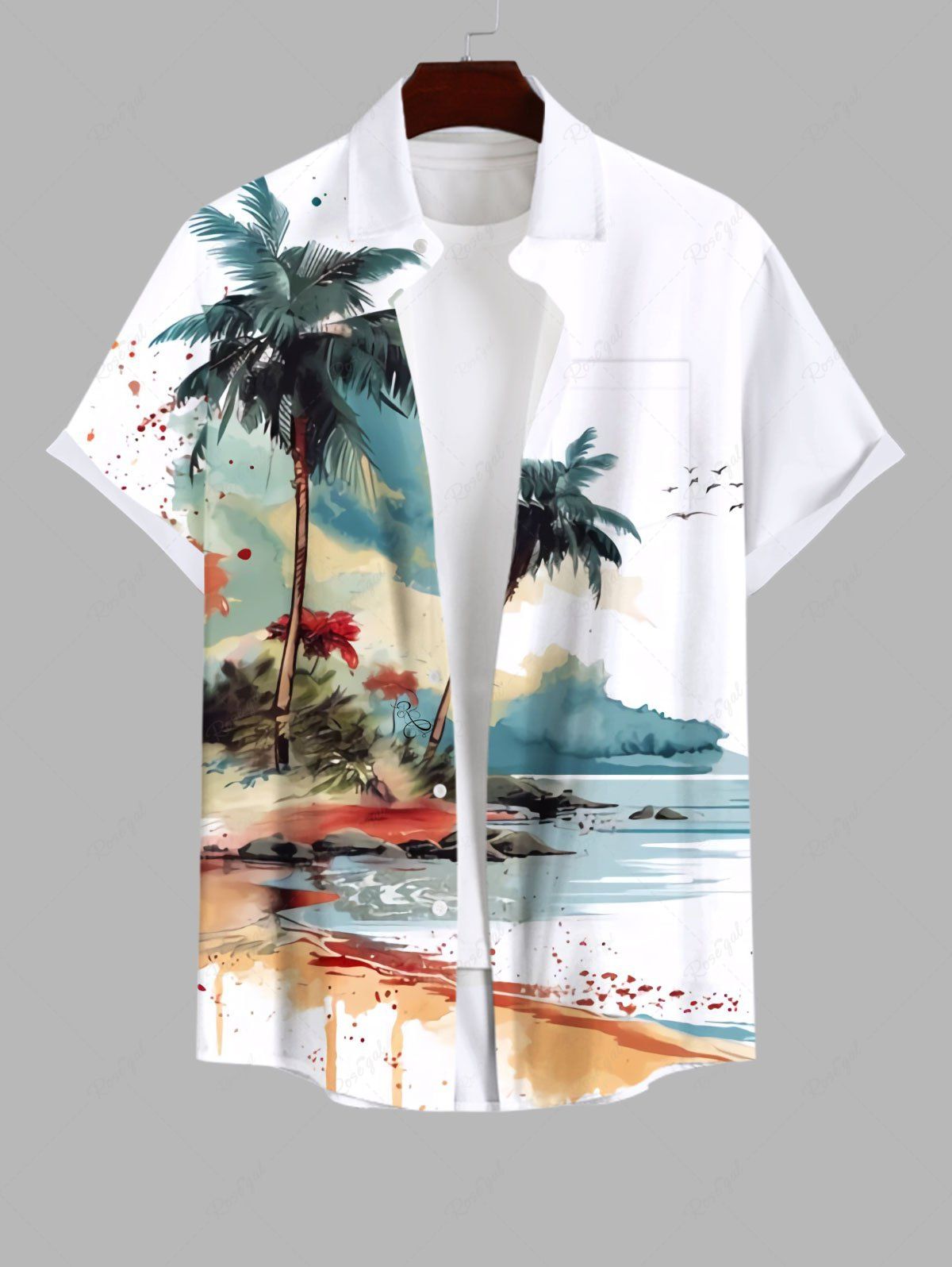 Chemise Arbre Noix de Coco et Plage Imprimés avec Poche de Grande Taille pour Homme Multi-A 4XL