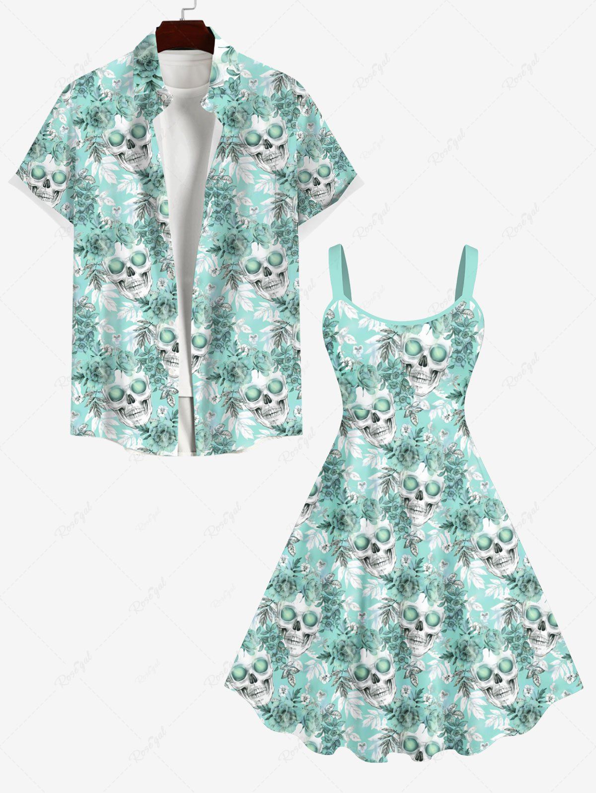 Online Tropical Leaf Rose Flowers Skulls Print Plus Size Matching Hawaii Beach Outfit For Couples  