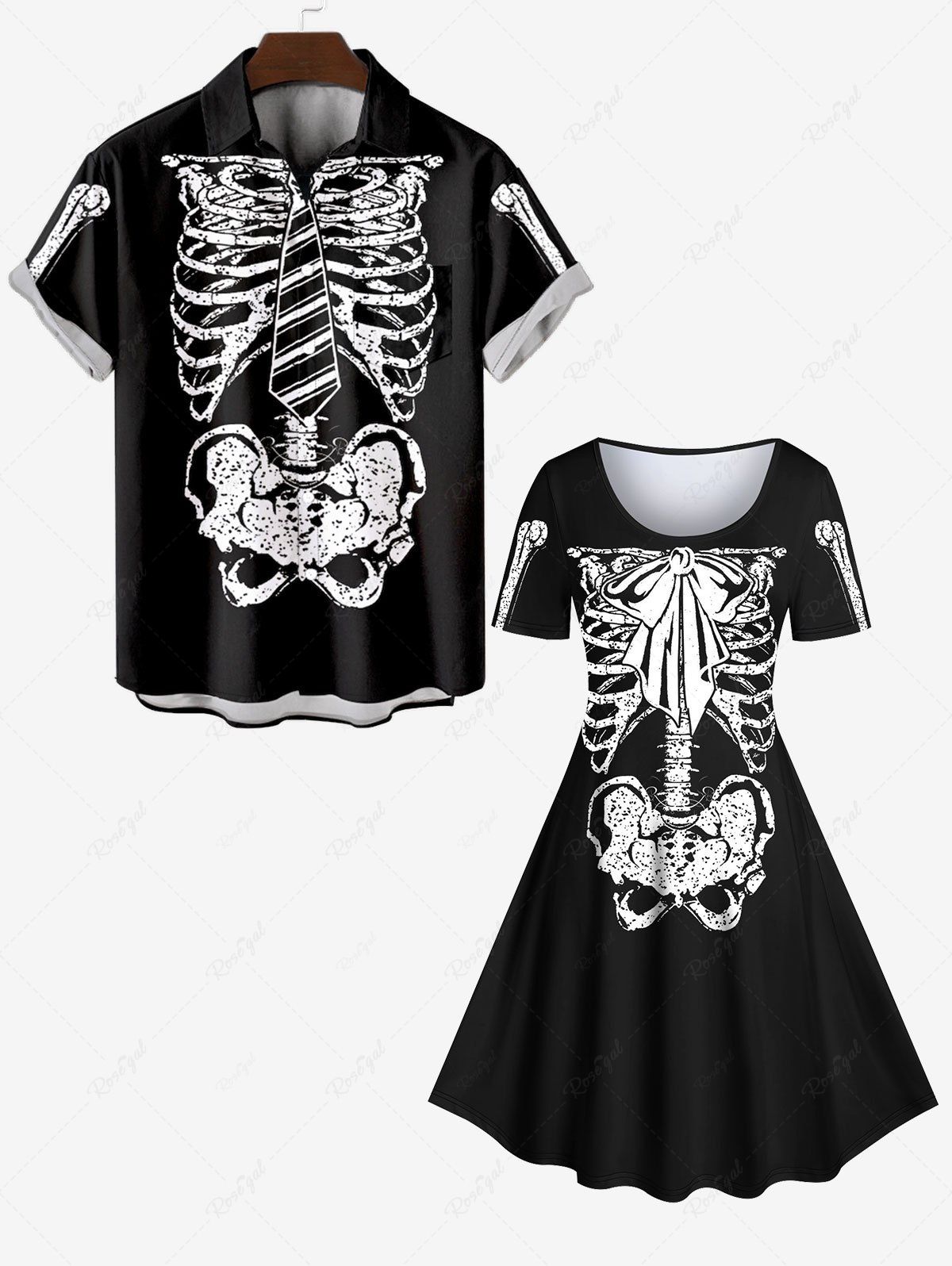Chic Skeleton Tie Bowknot Print Halloween Plus Size Matching Set For Couples  