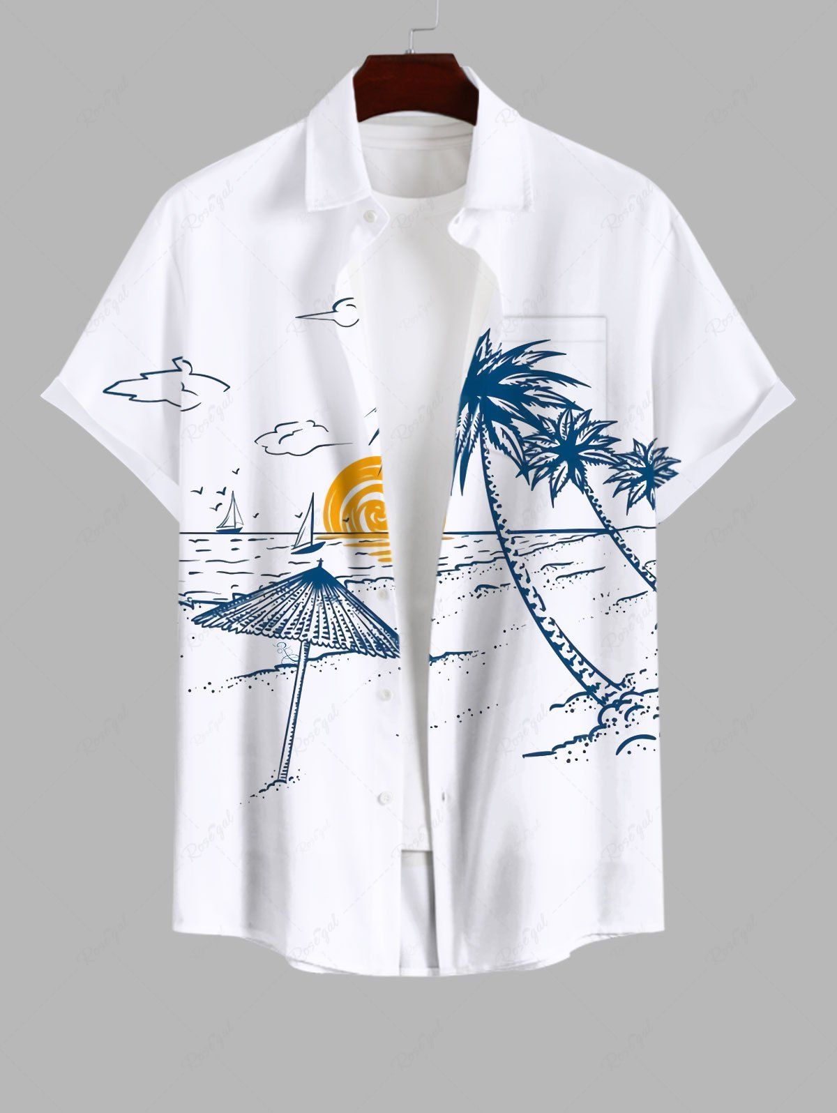 Chemise Tressé Imprimé Cocotier et Soleil avec Poche Grande Taille pour Homme Blanc 4XL